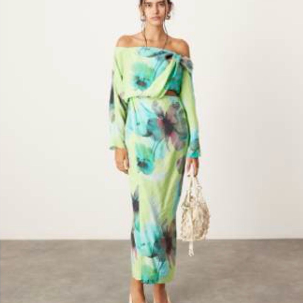 Off-Shoulder Floral Maxi Dress in Lime Green - Picture 1 of 3